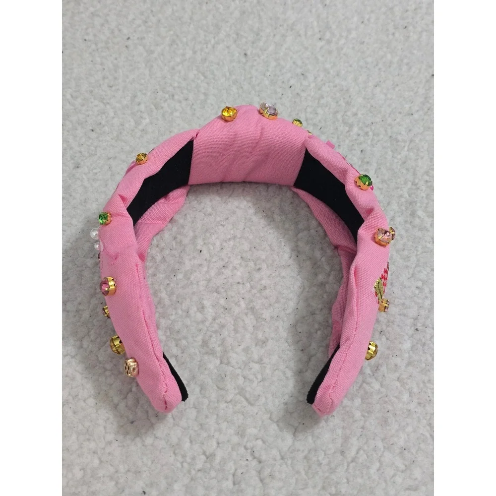Brianna Cannon Pink Champagne Party Headband Crystals Pearls Embroidered Knotted
